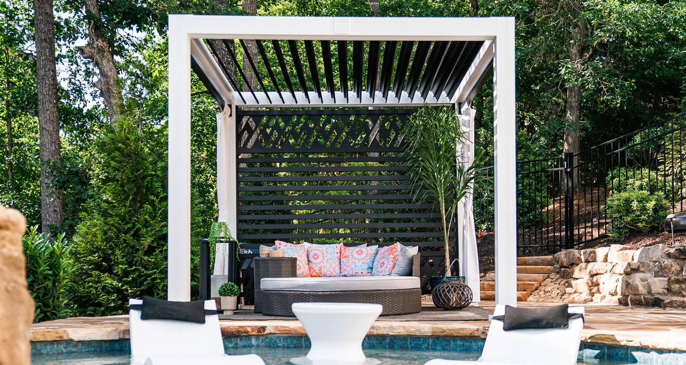StruXure black motorized poolside pergola StruXure black motorized poolside pergola