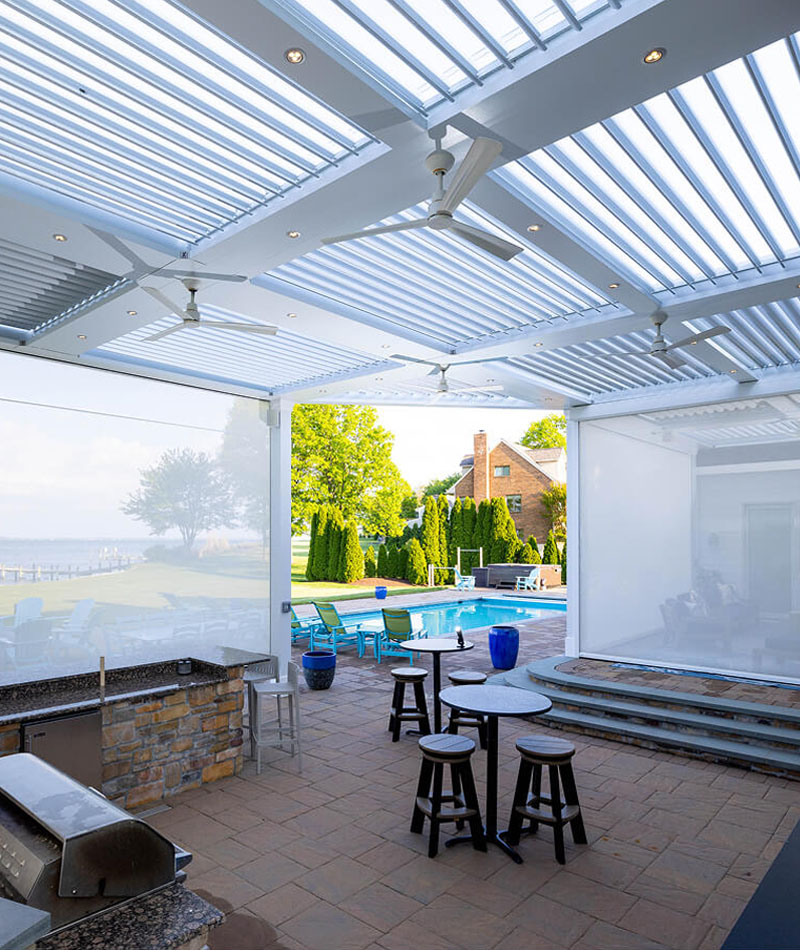StruXure motorized pergola poolside outdoor kitchen StruXure motorized pergola poolside outdoor kitchen