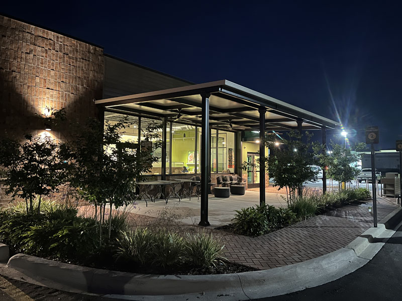 Commercial flat panel pergola Panera Bread outdoor seating Commercial flat panel pergola Panera Bread outdoor seating