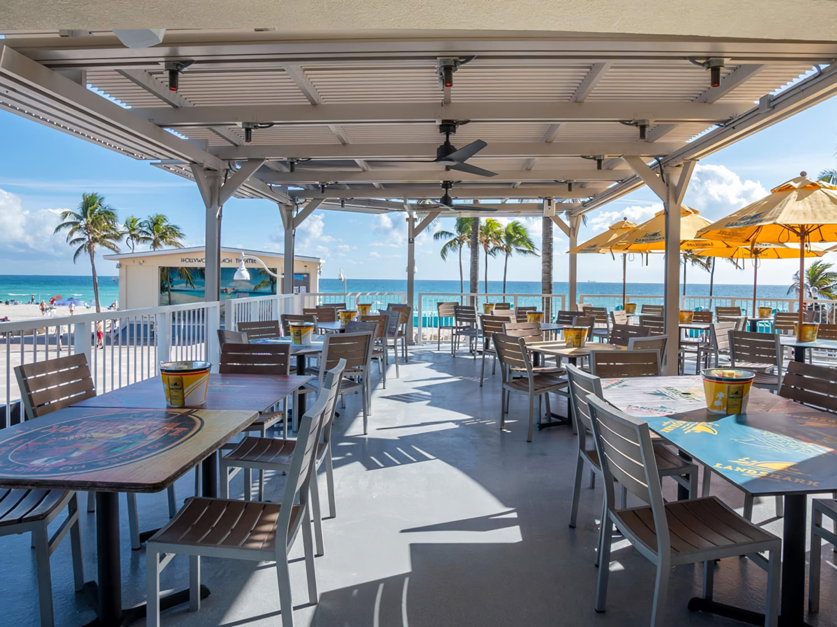 Motorized pergola at Margaritaville LandShark Bar & Grill beachfront restaurant in Hollywood, FL