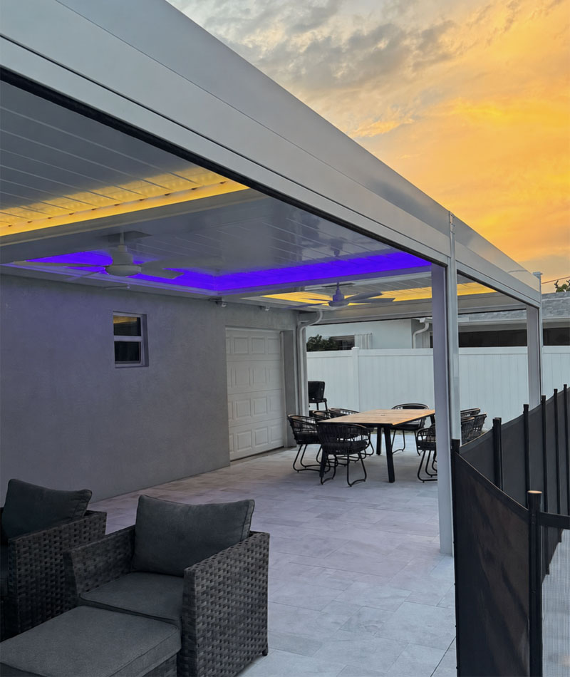 Motorized pergola led lighting evening backyard