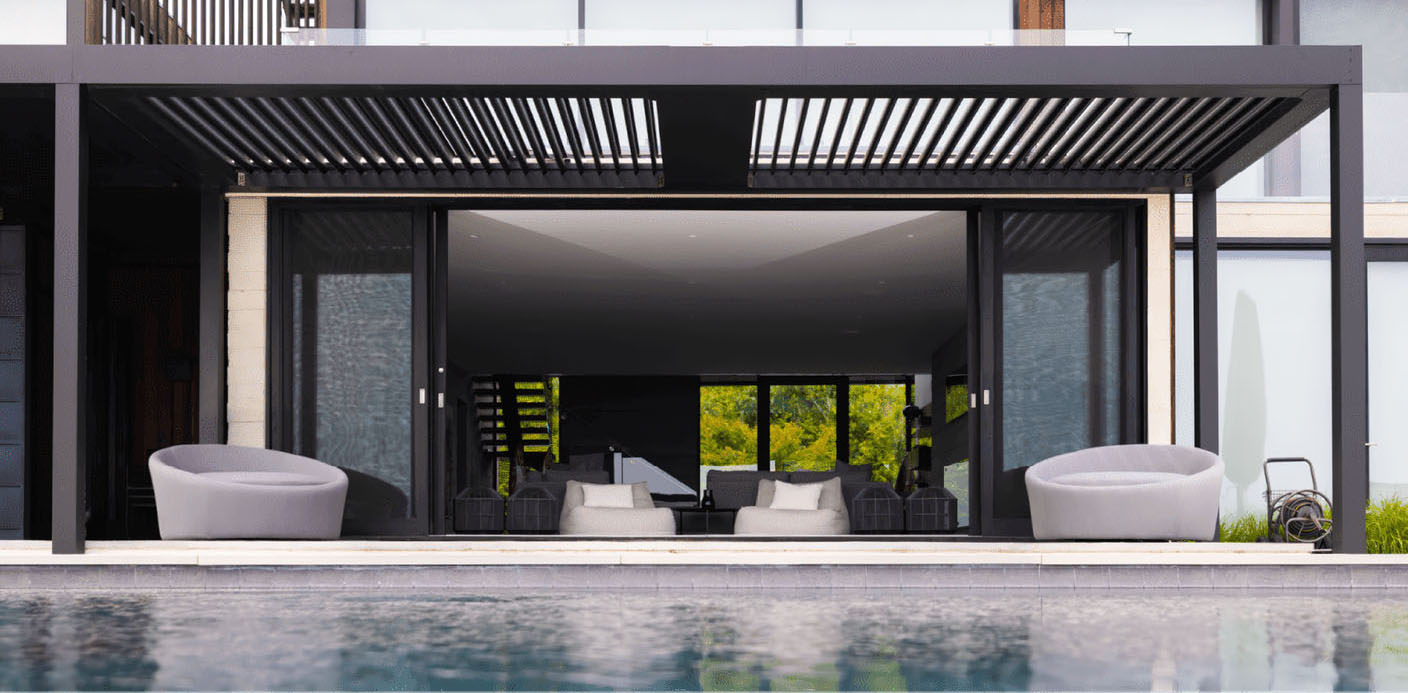 StruXure black motorized poolside pergola StruXure black motorized poolside pergola